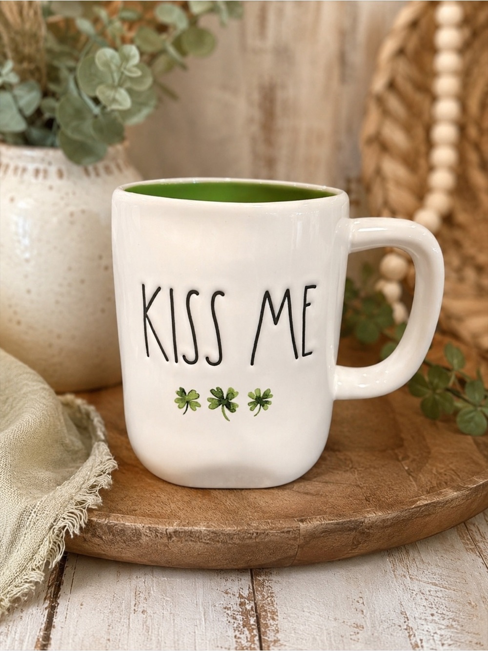 Rae‎ Dunn Mug LL Saint Patrick's Kiss Me 3 Leaf Clover Coffee Mug Farmhouse